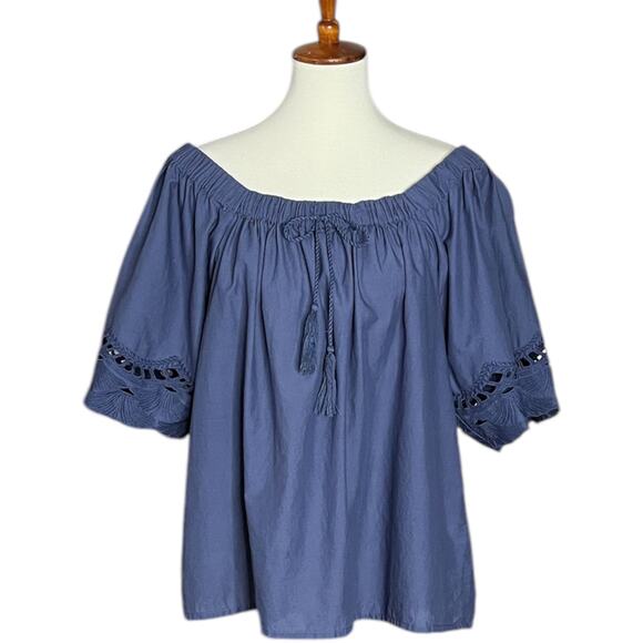 dylan 100% Cotton Relaxed Fit Peasant Top Lightweight 1/2 Sleeve Blouse Blue XL - Picture 1 of 6